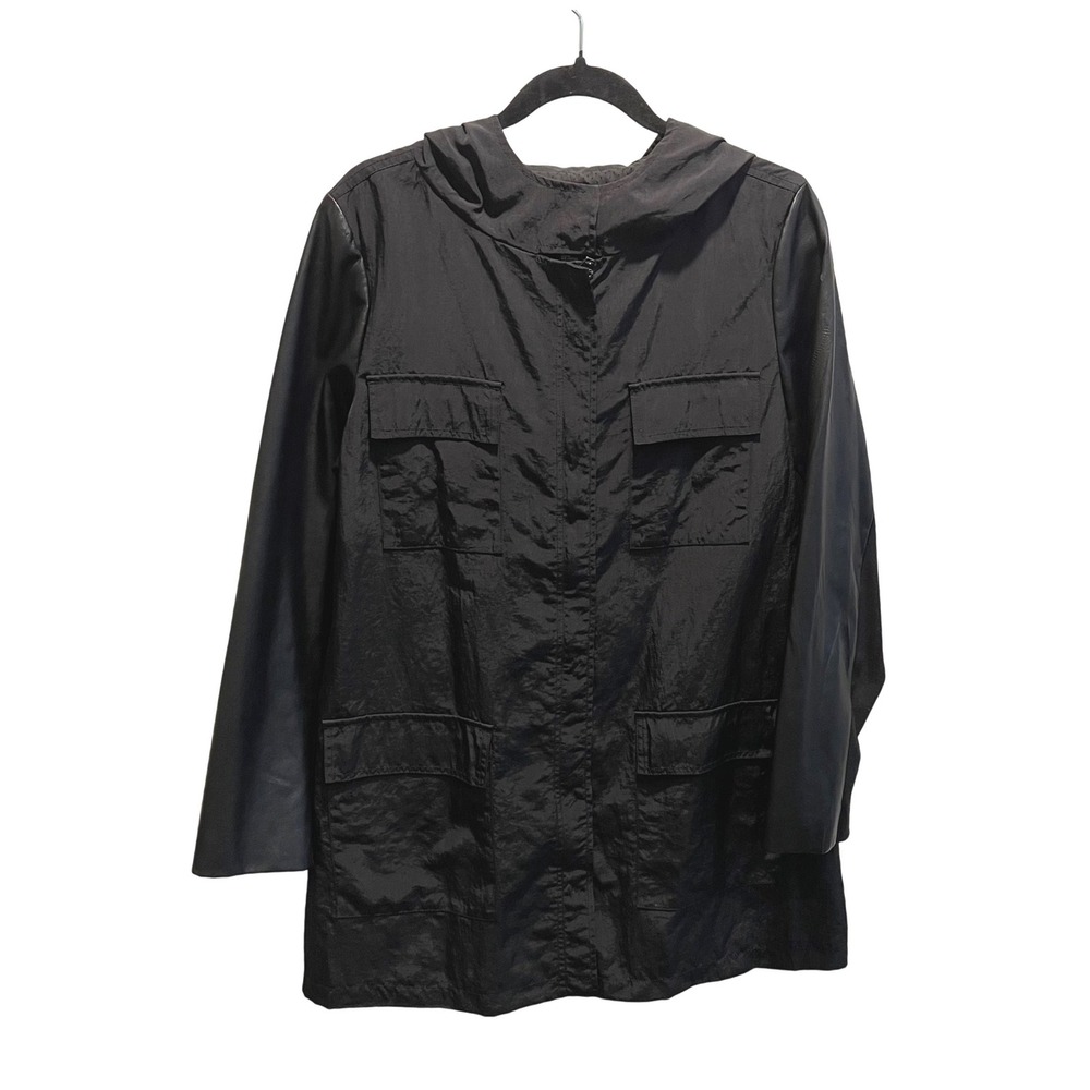 Alfani Utility Jacket Women PL Black Gorpcore Mixed Media Faux Leather Hooded